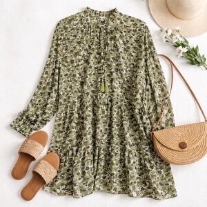 Reverof Floral Midi Dress Green Ruffle Neck Boho Tassel Long Sleeve Size Small
